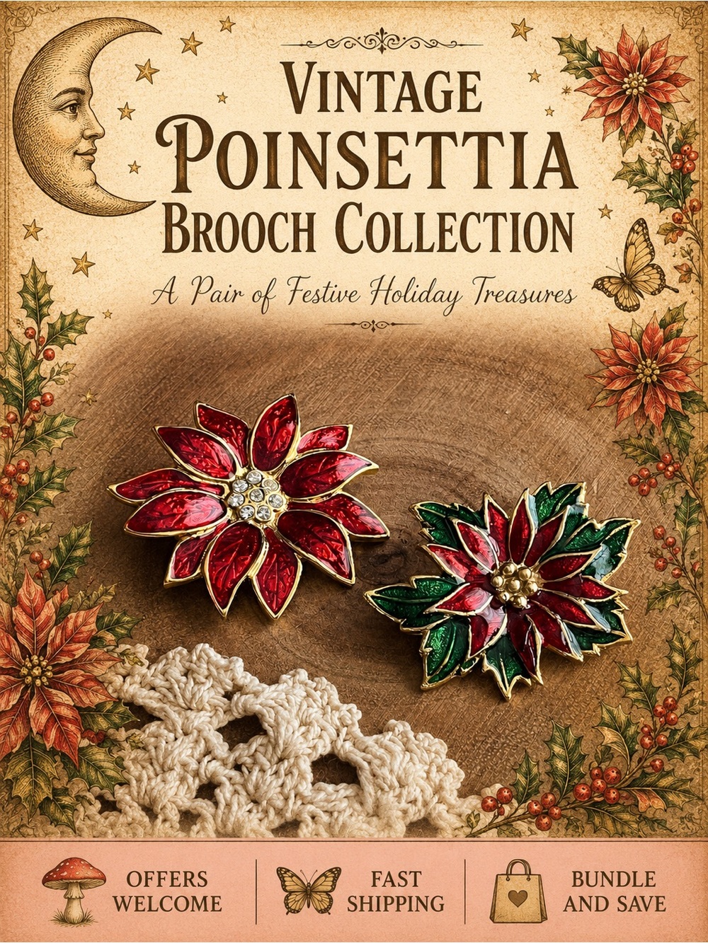 Vintage Poinsettia Brooch Set Red Enamel Christmas Holiday Pins